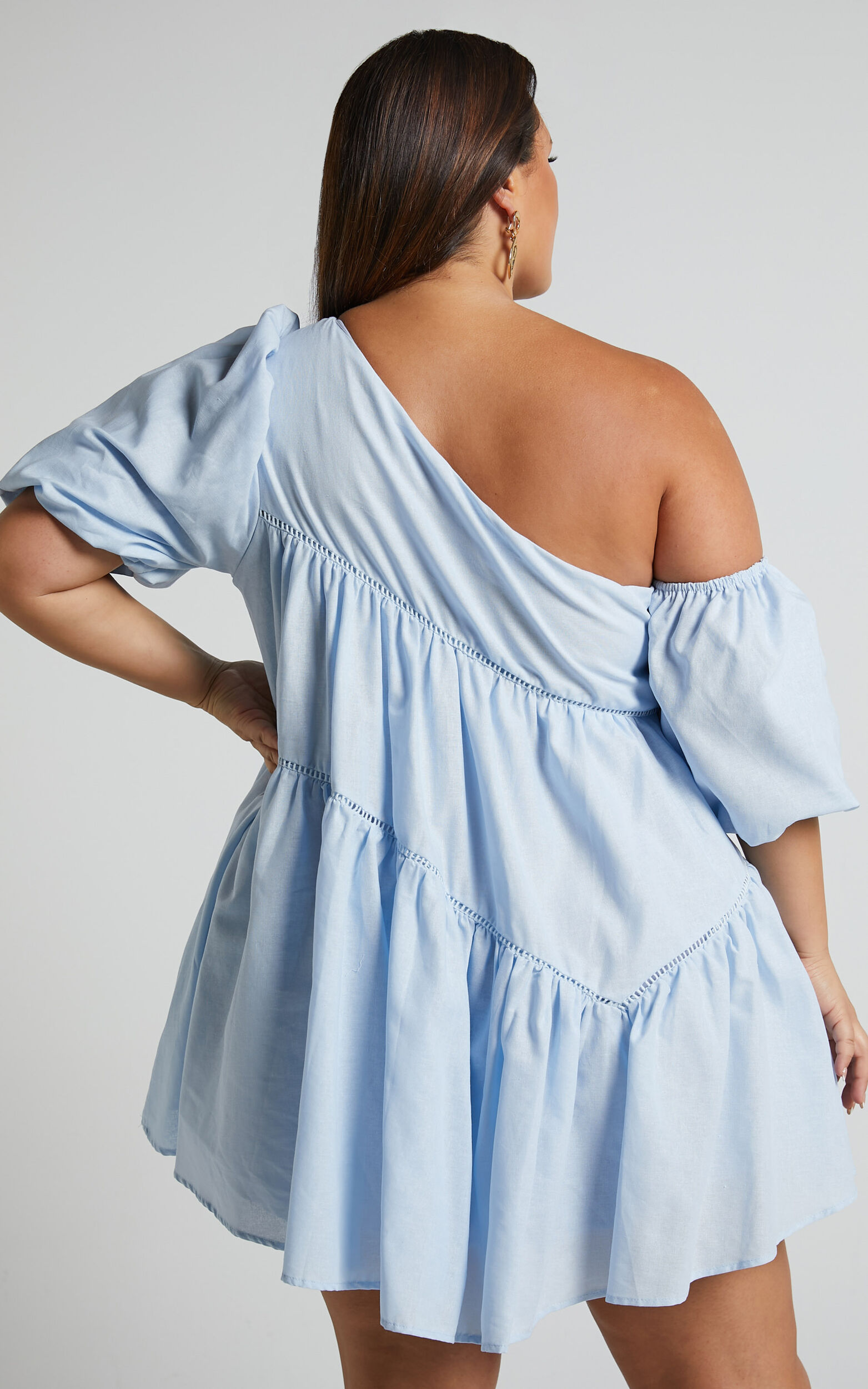 Linen-look Asymmetrical Trim Puff-Sleeve Mini Dress