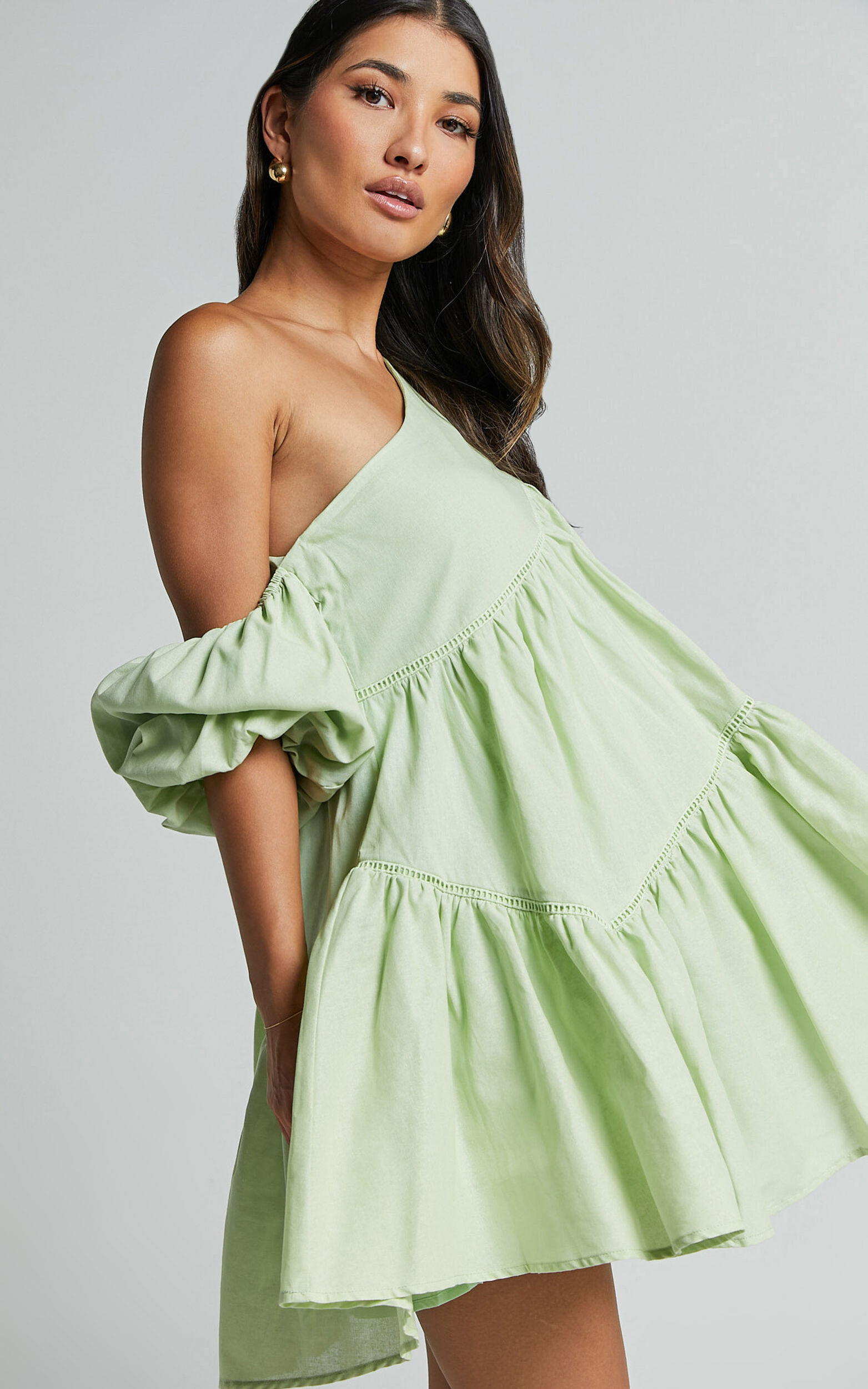 Linen-look Asymmetrical Trim Puff-Sleeve Mini Dress