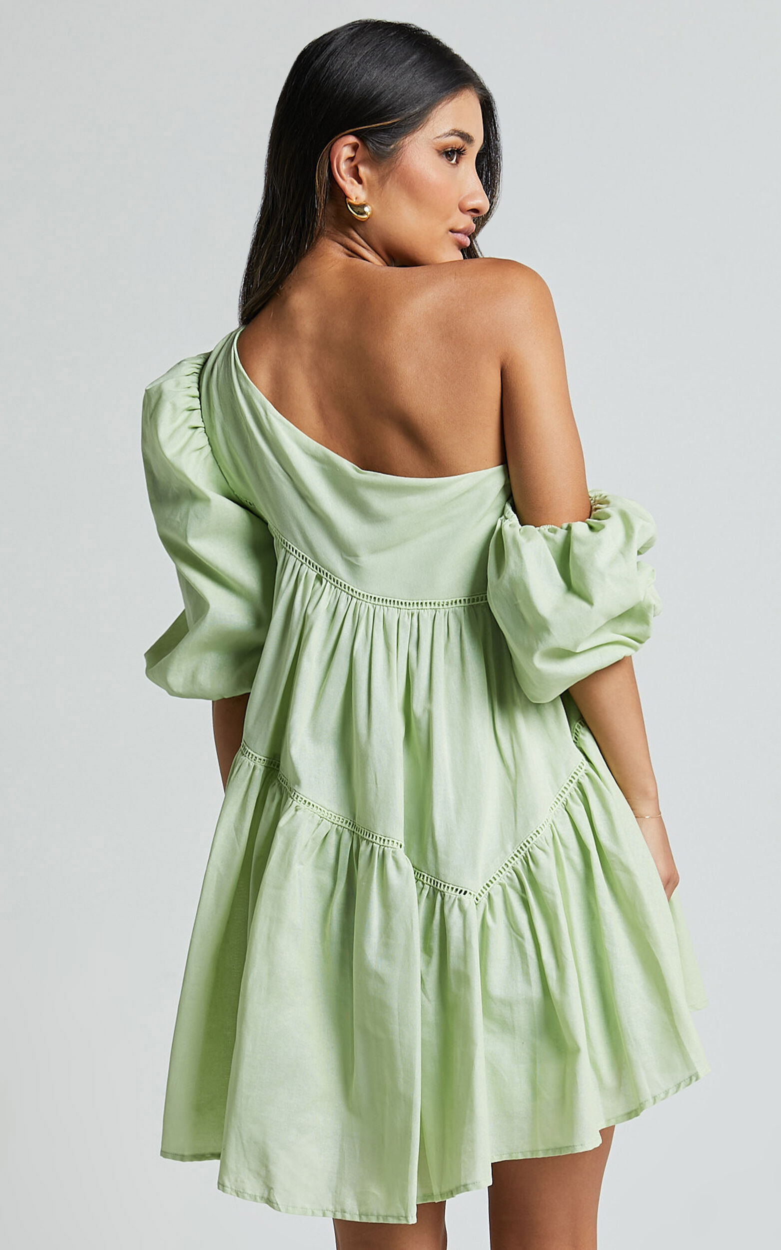 Linen-look Asymmetrical Trim Puff-Sleeve Mini Dress