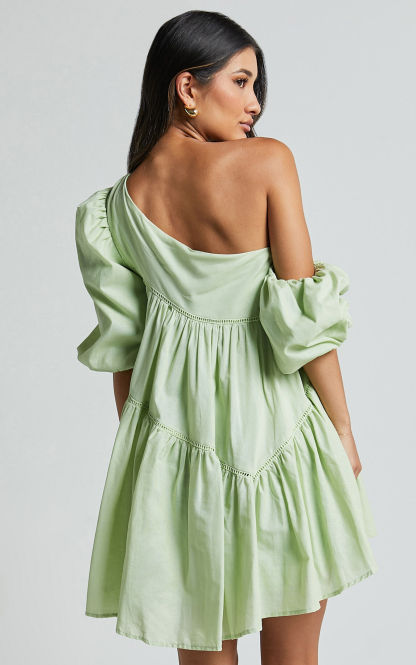 Linen-look Asymmetrical Trim Puff-Sleeve Mini Dress