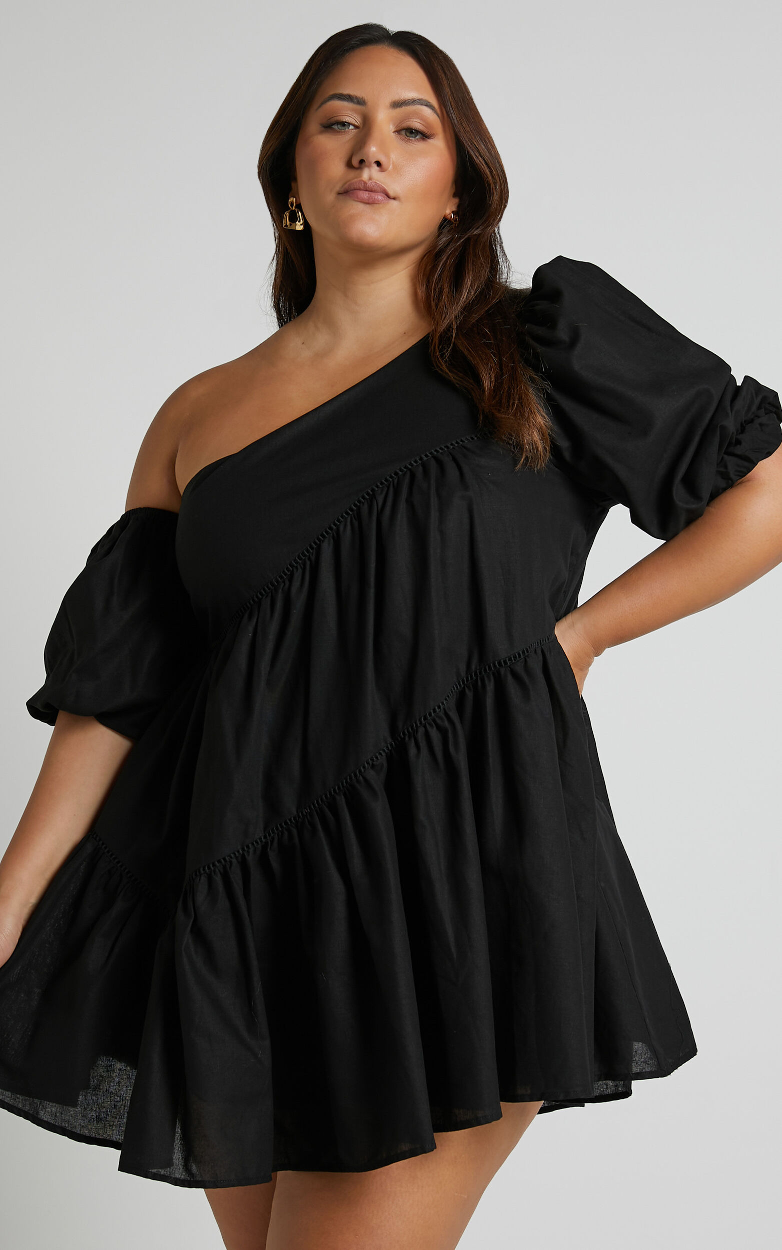 Linen-look Asymmetrical Trim Puff-Sleeve Mini Dress
