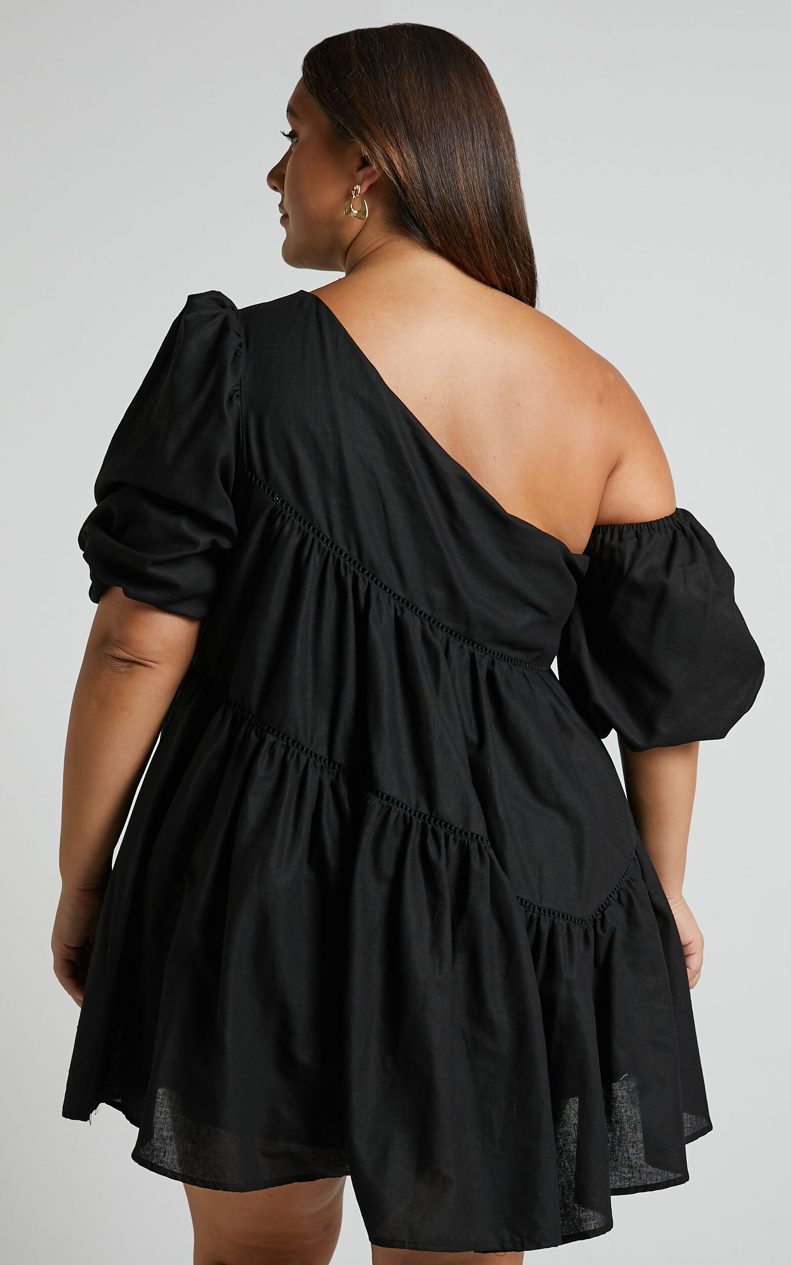 Linen-look Asymmetrical Trim Puff-Sleeve Mini Dress