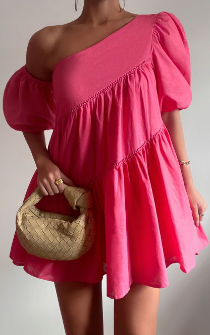 Linen-look Asymmetrical Trim Puff-Sleeve Mini Dress