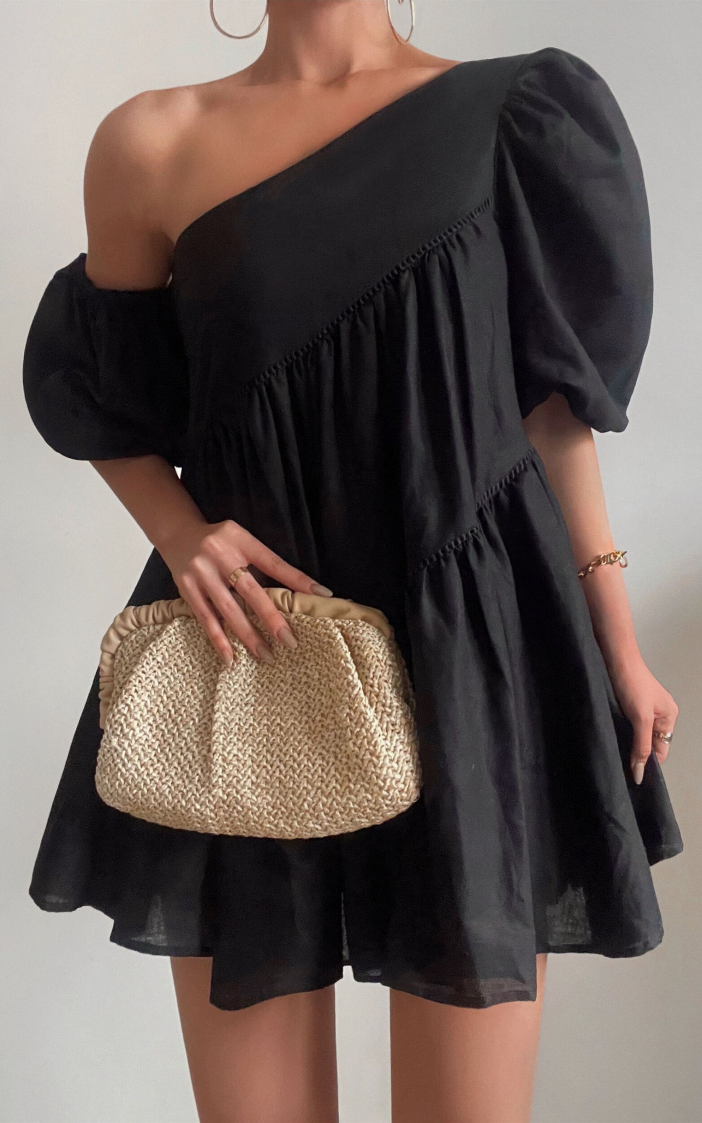 Linen-look Asymmetrical Trim Puff-Sleeve Mini Dress