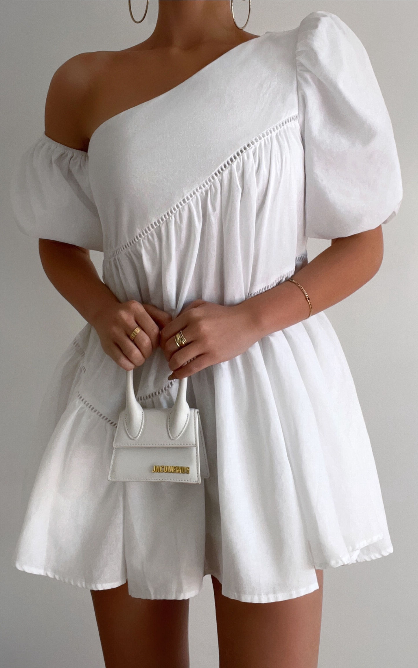 Linen-look Asymmetrical Trim Puff-Sleeve Mini Dress