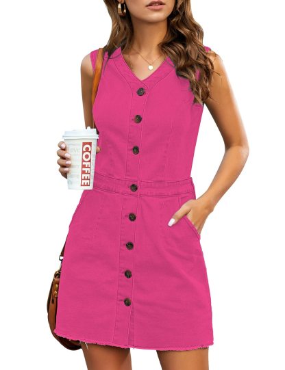 Women's Casual V Neck Sleeveless Denim Short Dress