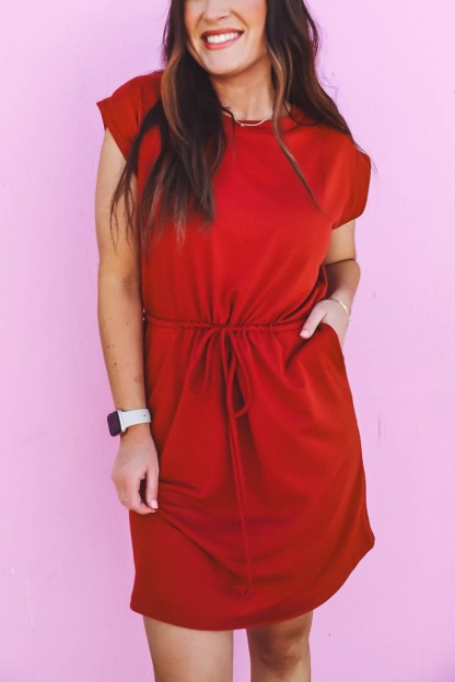 HOT SALE Round Neck Short Sleeve Waist Tie Pocket Mini Dress
