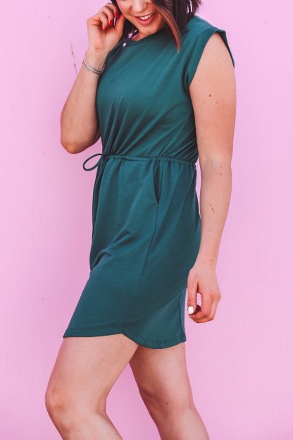 HOT SALE Round Neck Short Sleeve Waist Tie Pocket Mini Dress