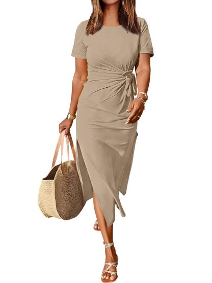 Summer Short-sleeved Round Neck Maxi Slit Dress