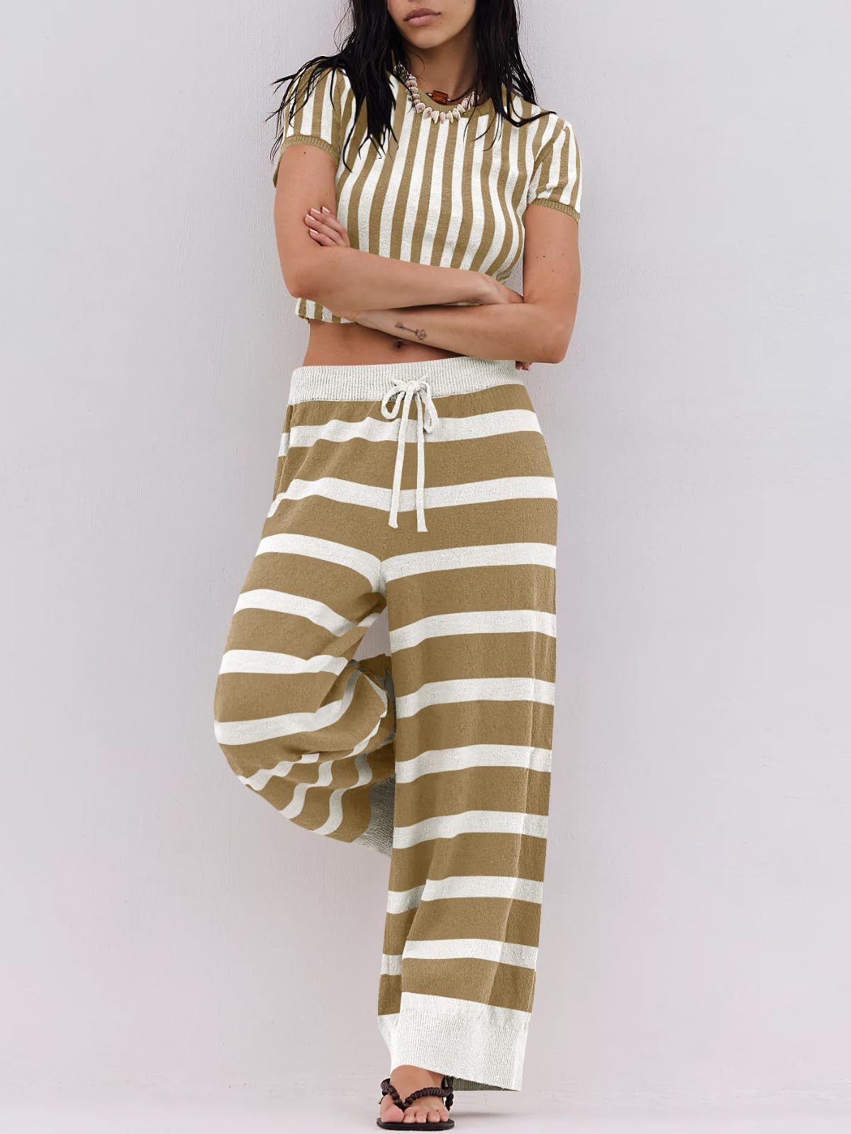 Striped Knitted Short-sleeved Wide-leg Pants Sportswear 2-Piece Set