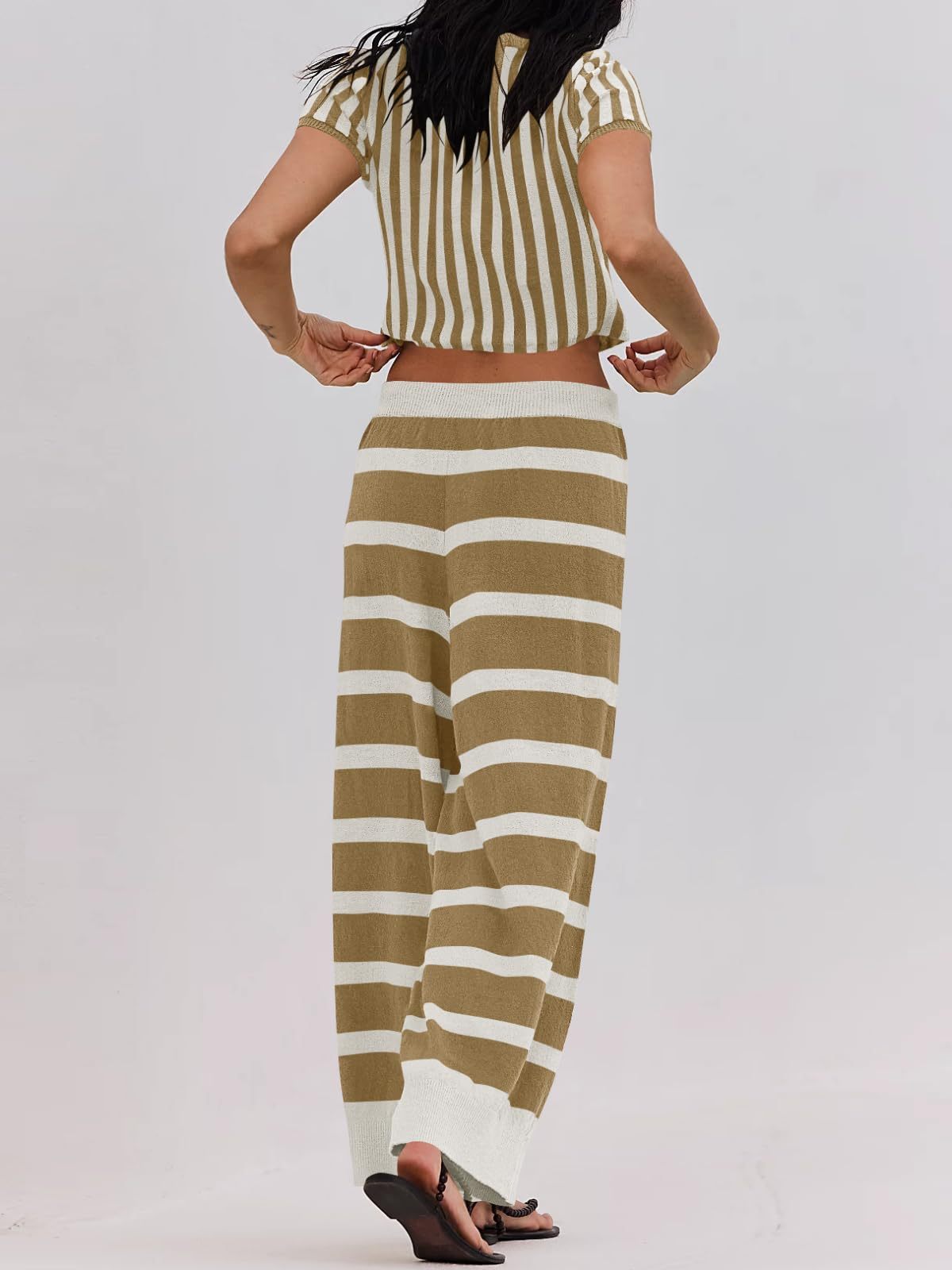 Striped Knitted Short-sleeved Wide-leg Pants Sportswear 2-Piece Set