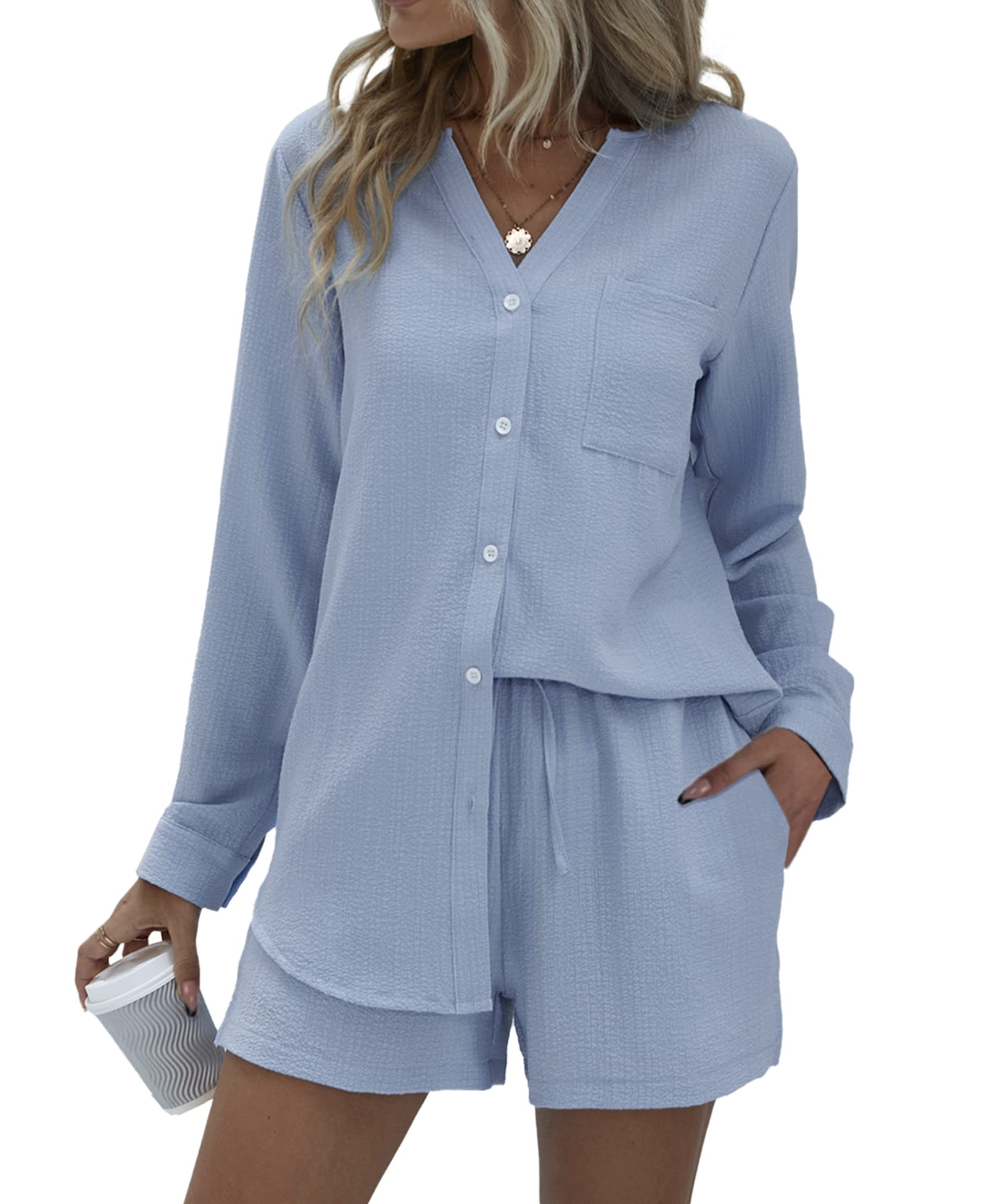 V-neck Button-down Shirt and Shorts Set of 2 (With Pockets)