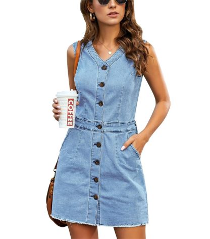 Women's Casual V Neck Sleeveless Denim Short Dress