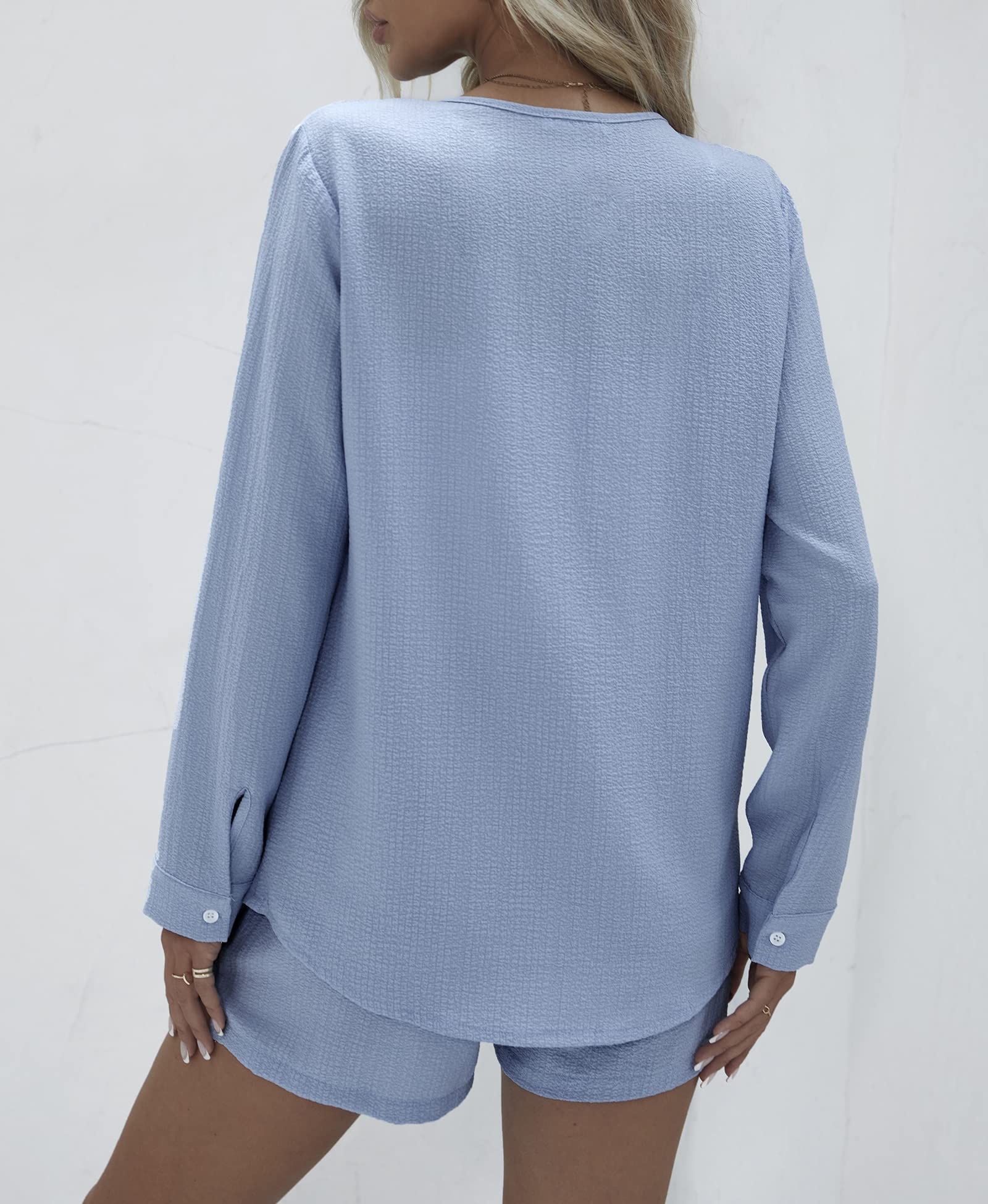 V-neck Button-down Shirt and Shorts Set of 2 (With Pockets)