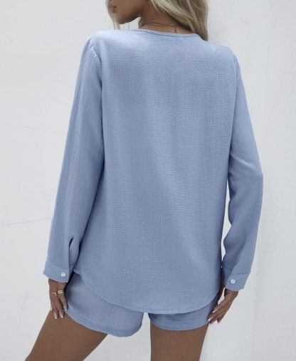 V-neck Button-down Shirt and Shorts Set of 2 (With Pockets)