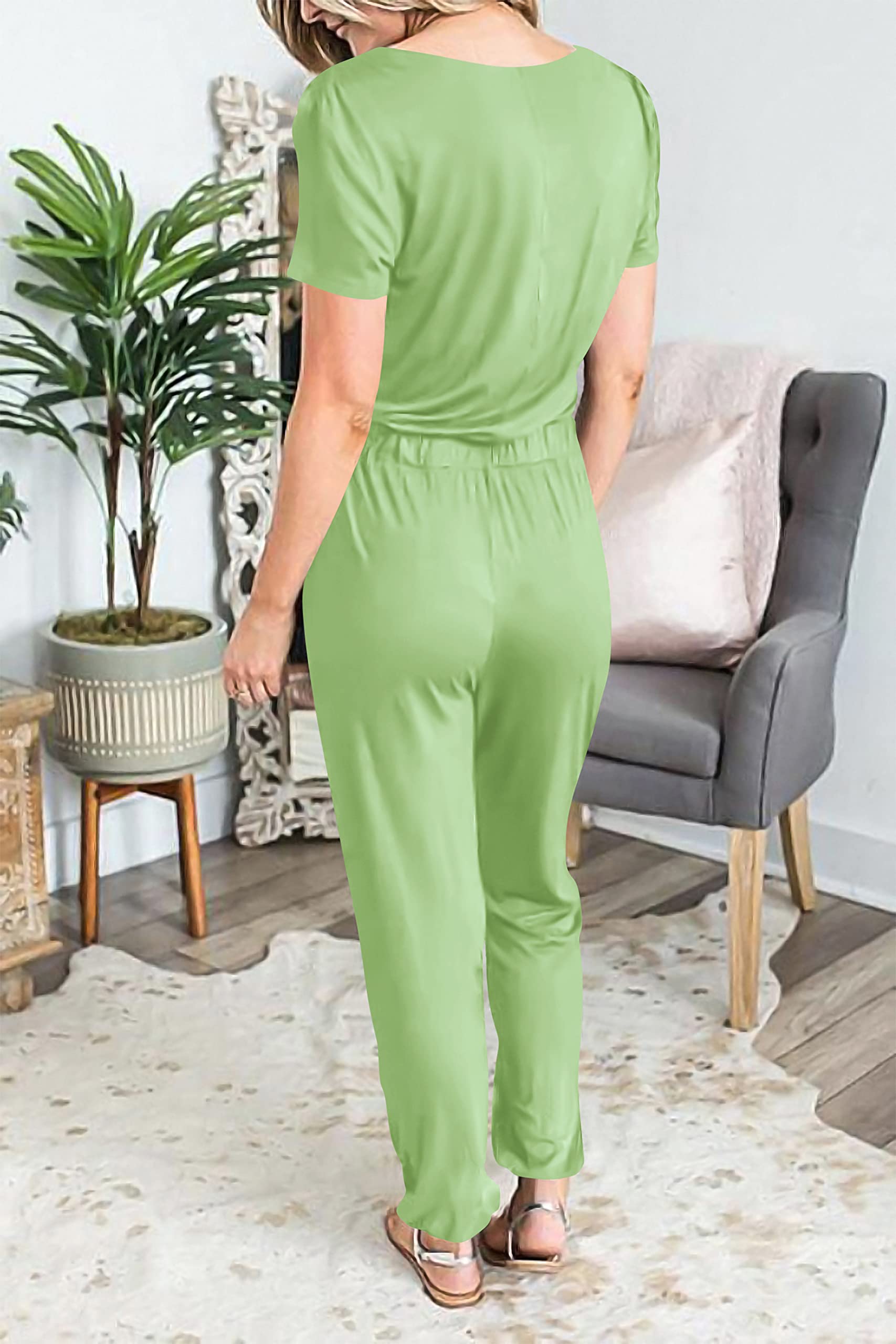 Casual Deep V-neck Short-sleeved Wrap Drawstring Jumpsuit