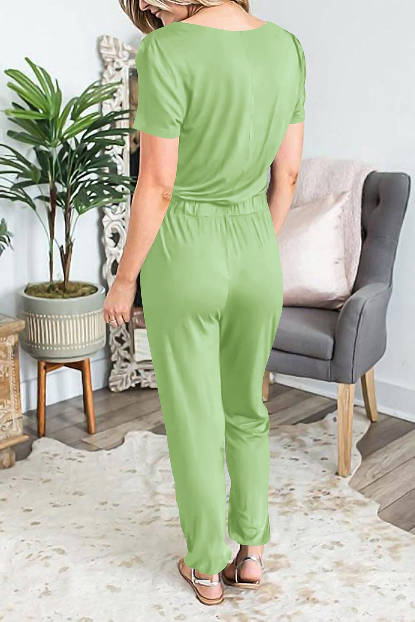 Casual Deep V-neck Short-sleeved Wrap Drawstring Jumpsuit