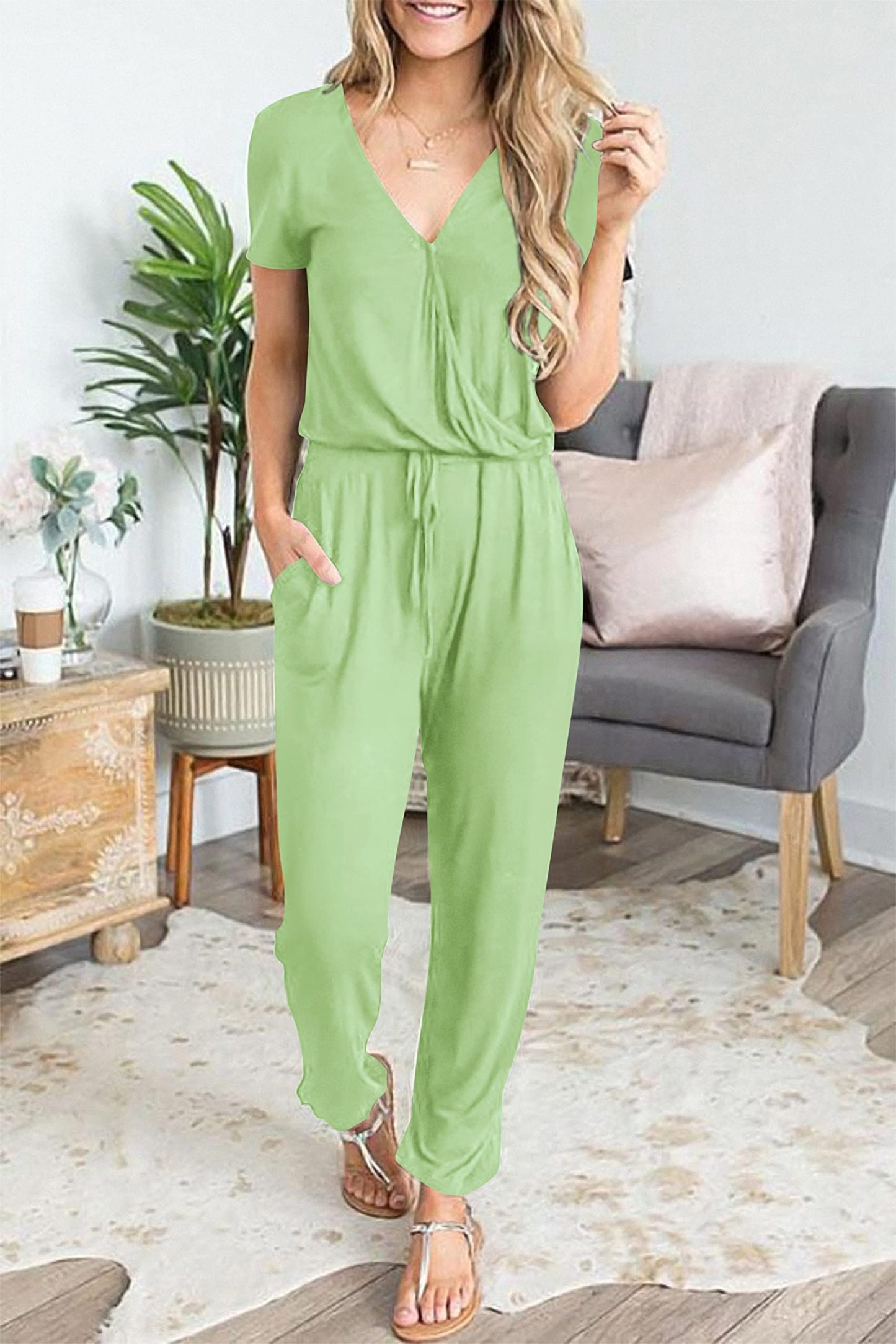 Casual Deep V-neck Short-sleeved Wrap Drawstring Jumpsuit