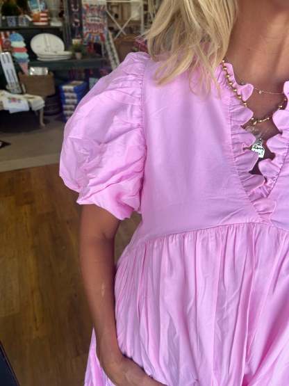 Ruffled V-Neck Puff Sleeve Dress