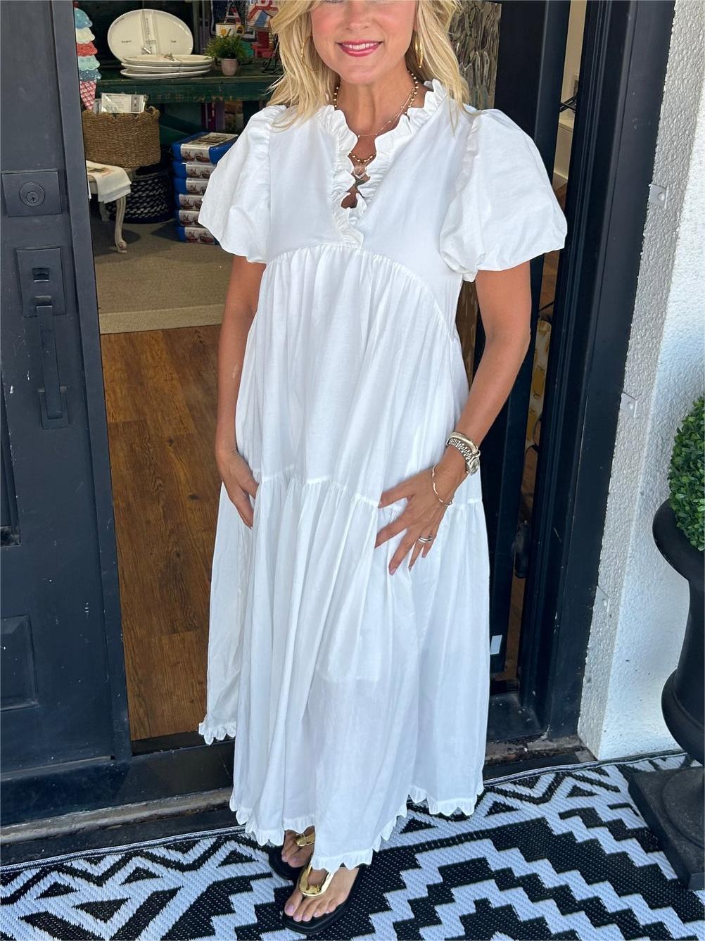 Ruffled V-Neck Puff Sleeve Dress