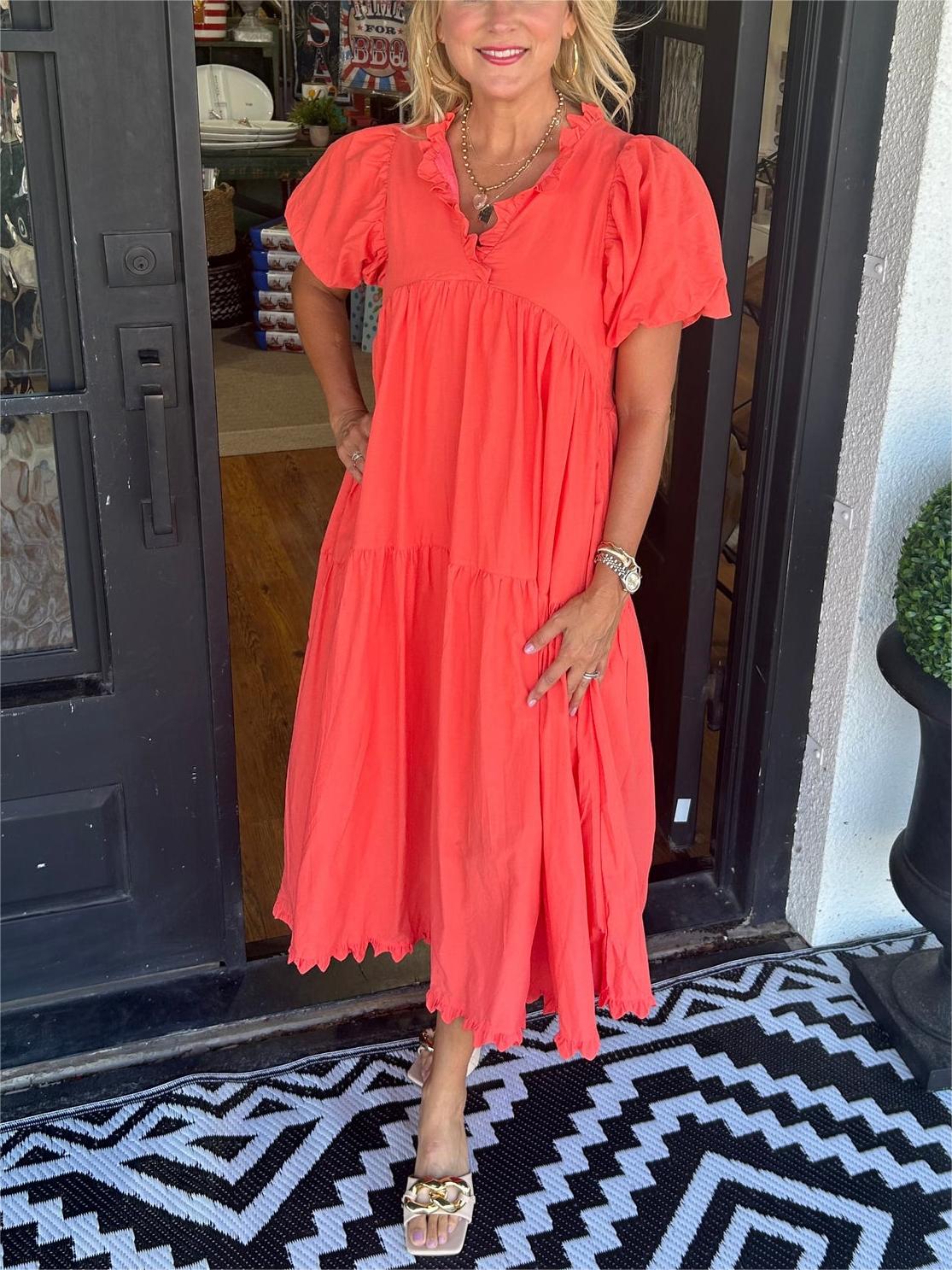Ruffled V-Neck Puff Sleeve Dress