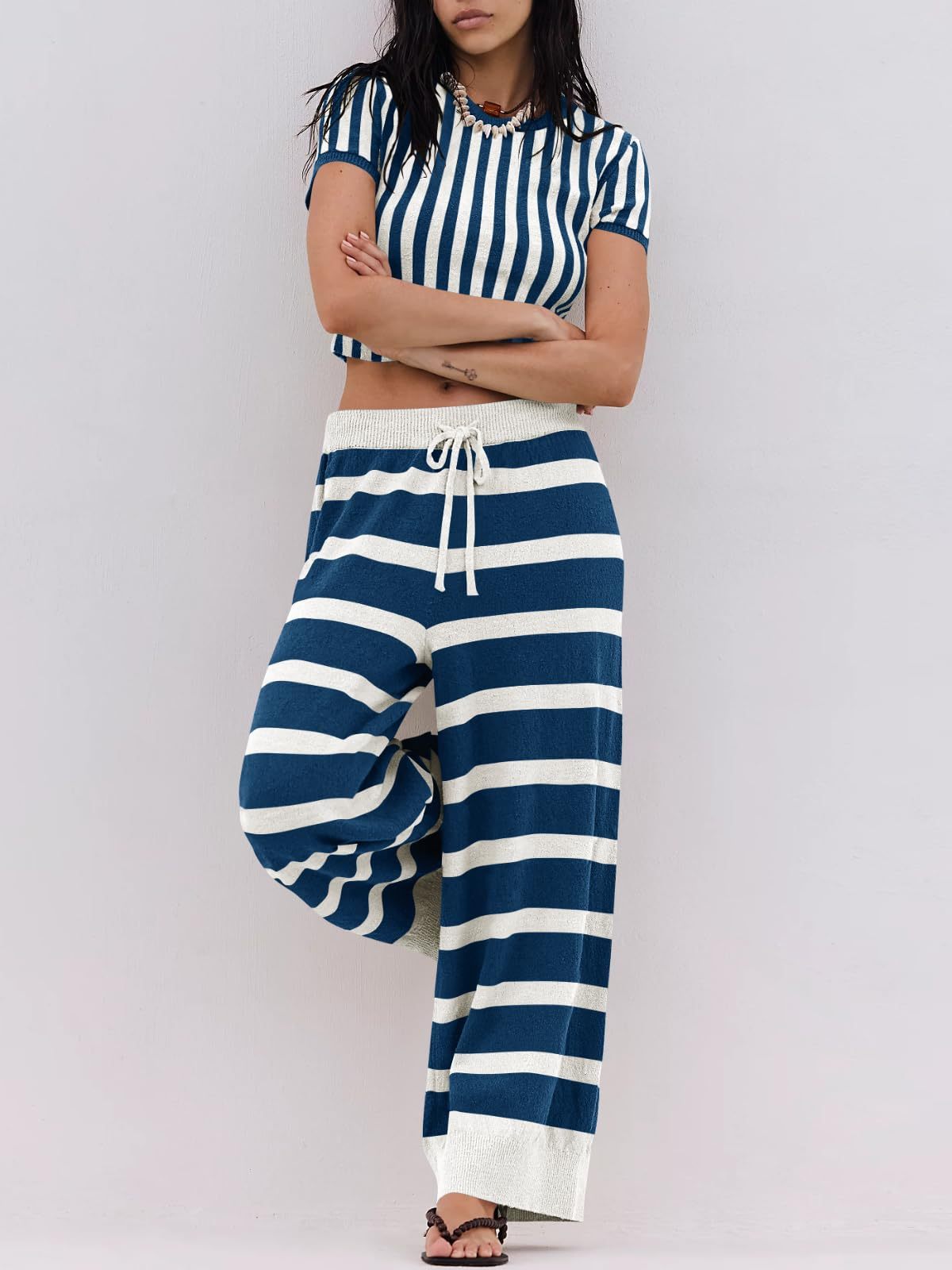 Striped Knitted Short-sleeved Wide-leg Pants Sportswear 2-Piece Set