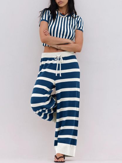 Striped Knitted Short-sleeved Wide-leg Pants Sportswear 2-Piece Set