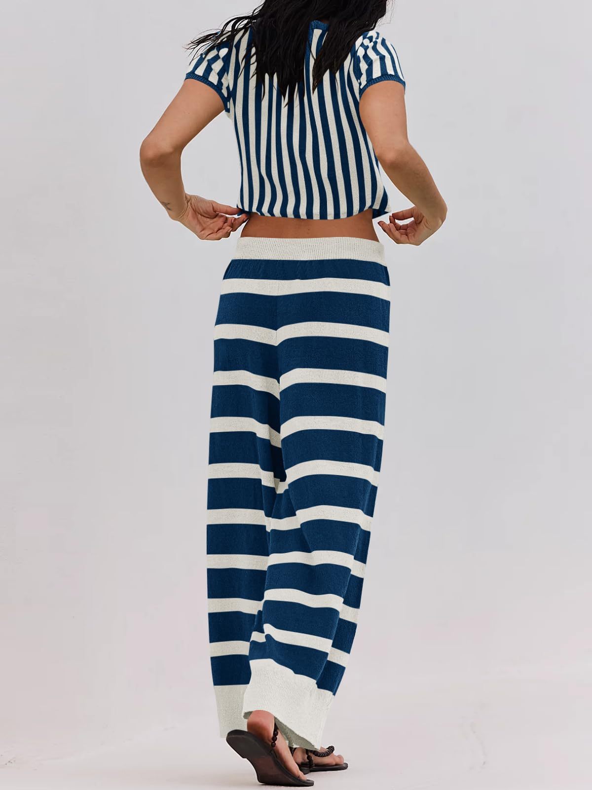 Striped Knitted Short-sleeved Wide-leg Pants Sportswear 2-Piece Set