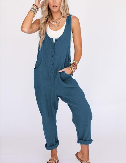 🔥HOT SALE🔥Women Cotton Linen Overall Adjustable Straps Button Jumpsuit-hivebabe.com