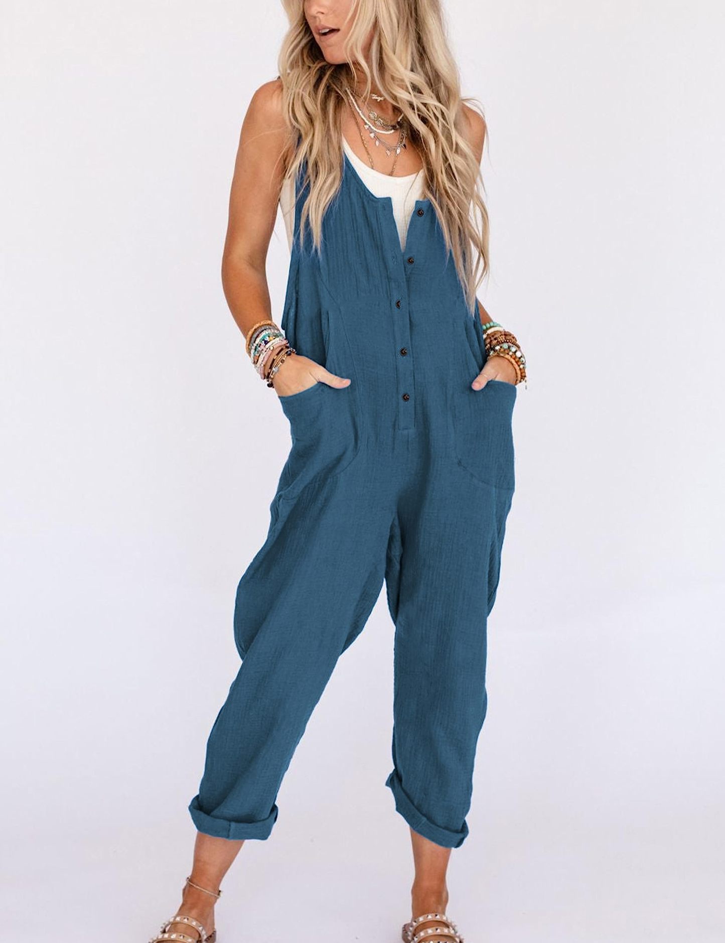 🔥HOT SALE🔥Women Cotton Linen Overall Adjustable Straps Button Jumpsuit-hivebabe.com