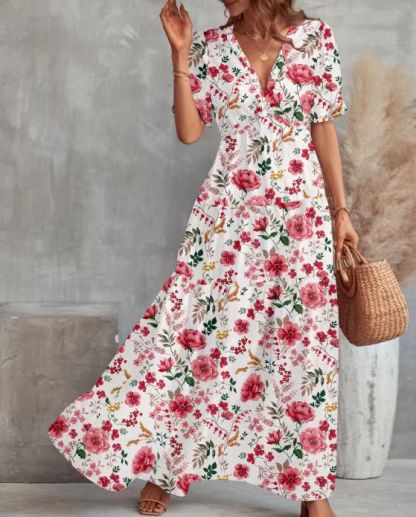 Womens Casual Floral Deep V Neck Dress-hivebabe.com