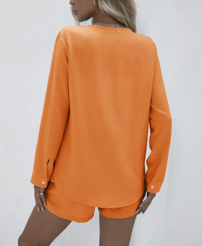V-neck Button-down Shirt and Shorts Set of 2 (With Pockets)