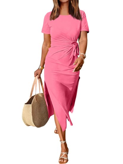 Summer Short-sleeved Round Neck Maxi Slit Dress