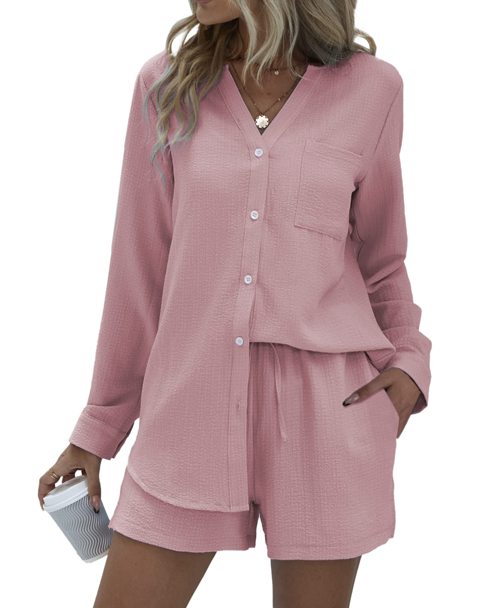 V-neck Button-down Shirt and Shorts Set of 2 (With Pockets)