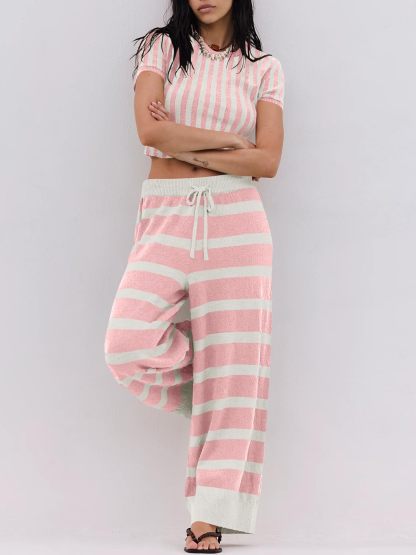 Striped Knitted Short-sleeved Wide-leg Pants Sportswear 2-Piece Set