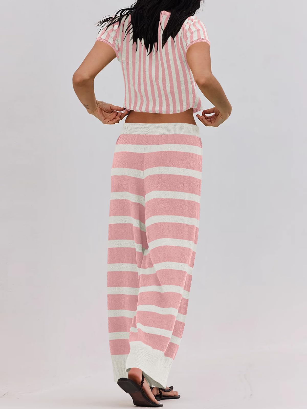 Striped Knitted Short-sleeved Wide-leg Pants Sportswear 2-Piece Set
