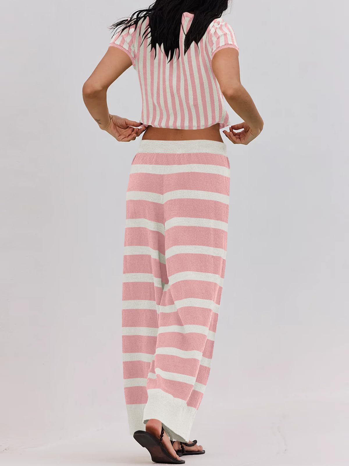 Striped Knitted Short-sleeved Wide-leg Pants Sportswear 2-Piece Set