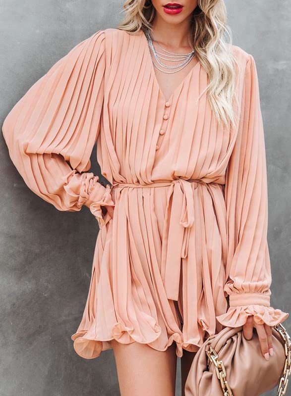 Womens Summer Rompers-Buttons V Neck Tie Waist Flared Pleated Drape Long Sleeve