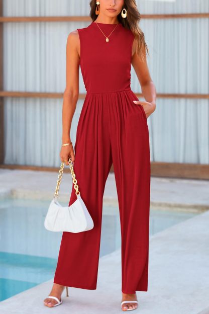 Women's Summer Sleeveless Turtleneck Wide Leg Pants Jumpsuit