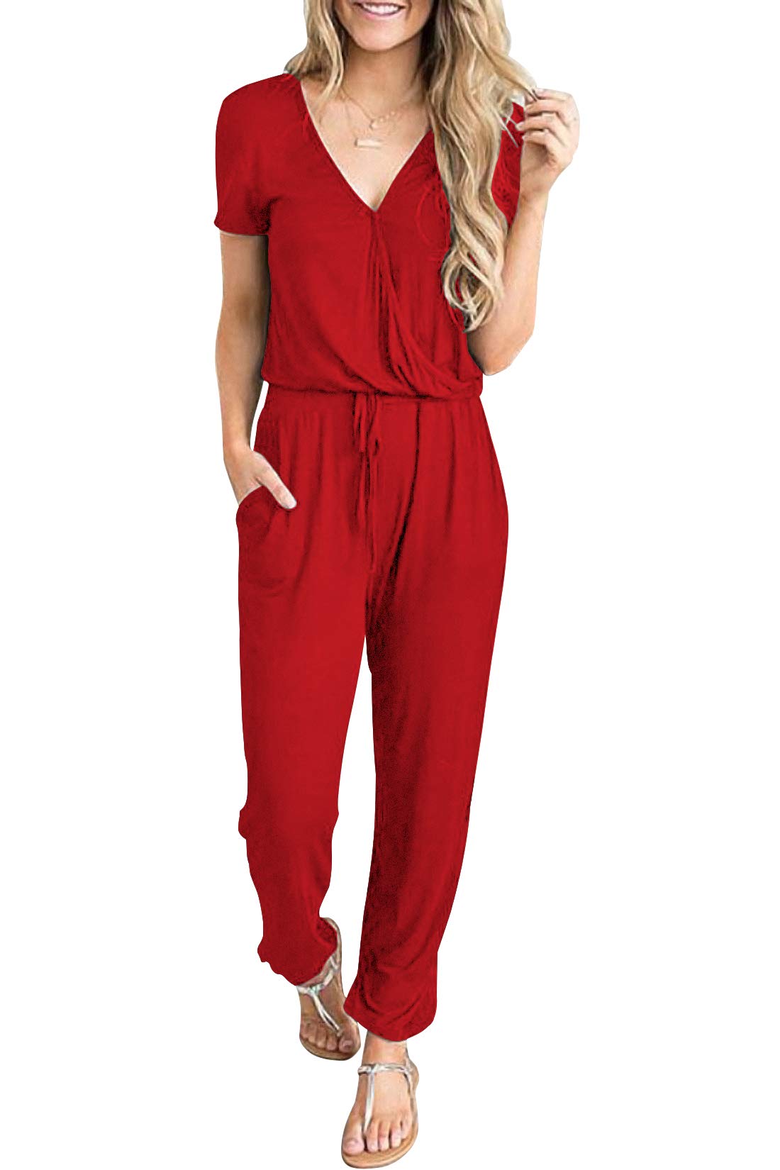 Casual Deep V-neck Short-sleeved Wrap Drawstring Jumpsuit