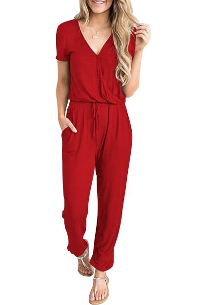 Casual Deep V-neck Short-sleeved Wrap Drawstring Jumpsuit