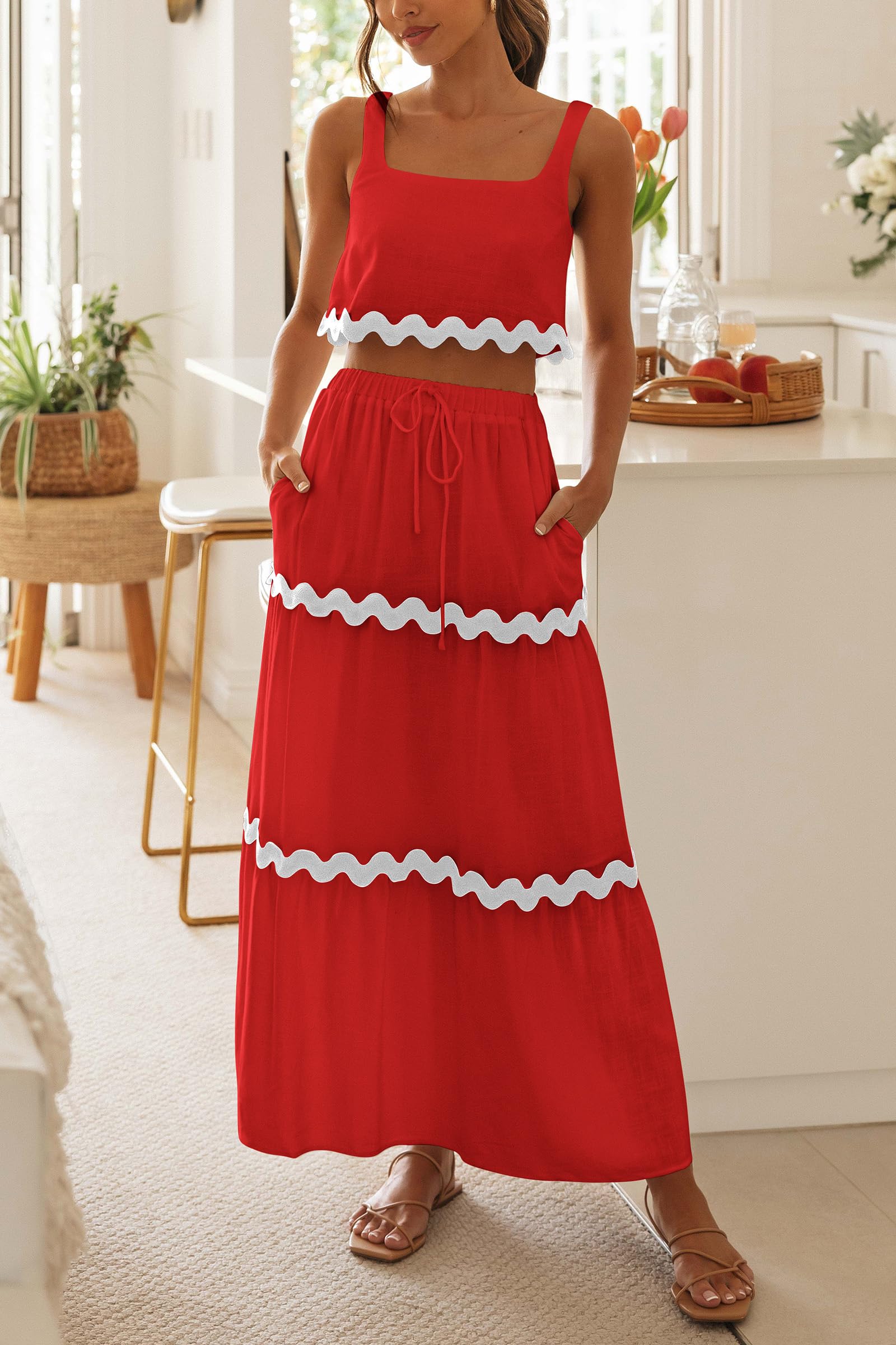 Women's Casual Sleeveless Cropped Tank Top High Waisted Maxi Skirt Set
