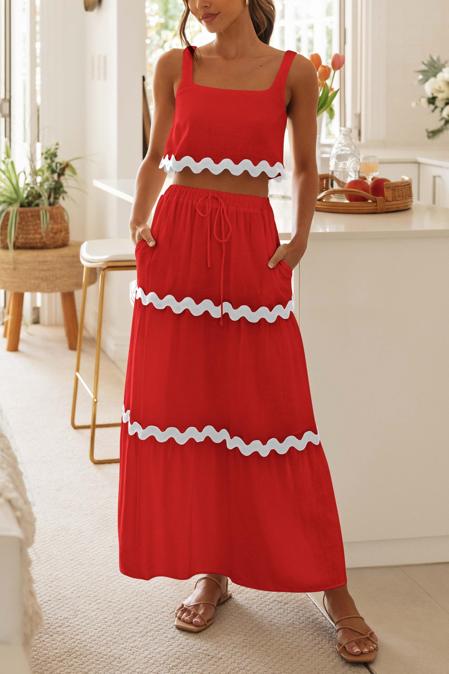 Women's Casual Sleeveless Cropped Tank Top High Waisted Maxi Skirt Set