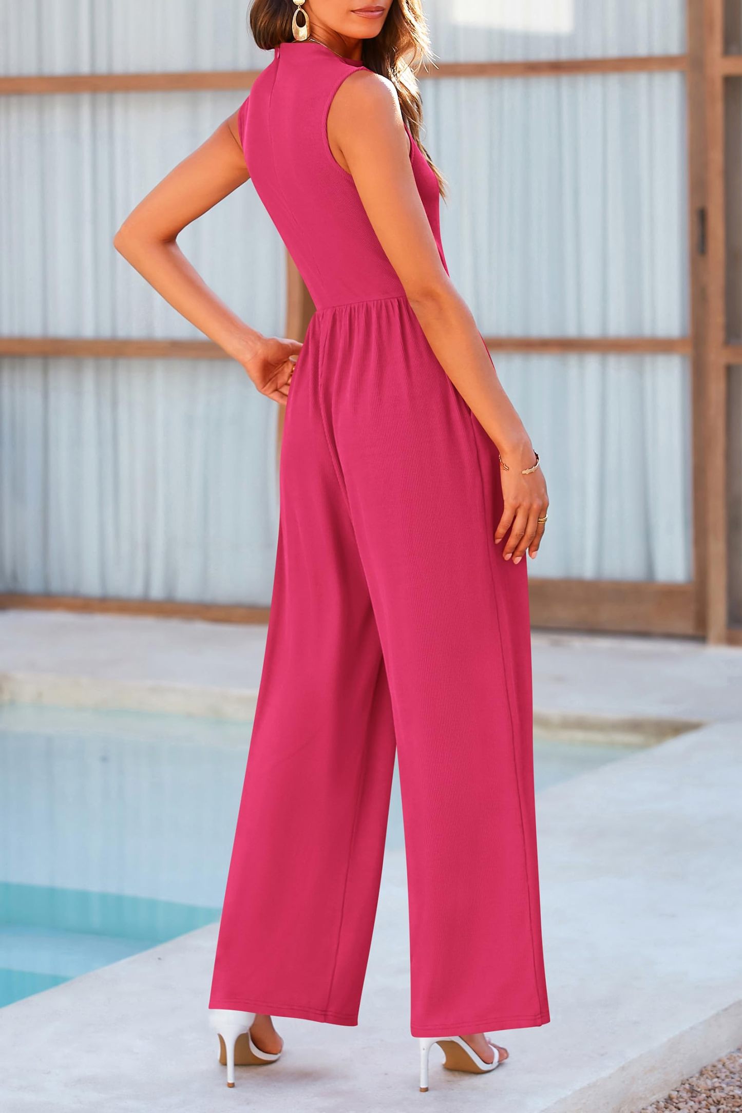 Women's Summer Sleeveless Turtleneck Wide Leg Pants Jumpsuit