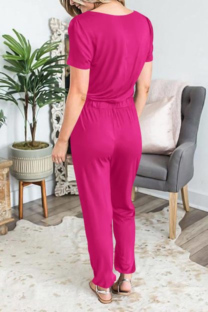 Casual Deep V-neck Short-sleeved Wrap Drawstring Jumpsuit