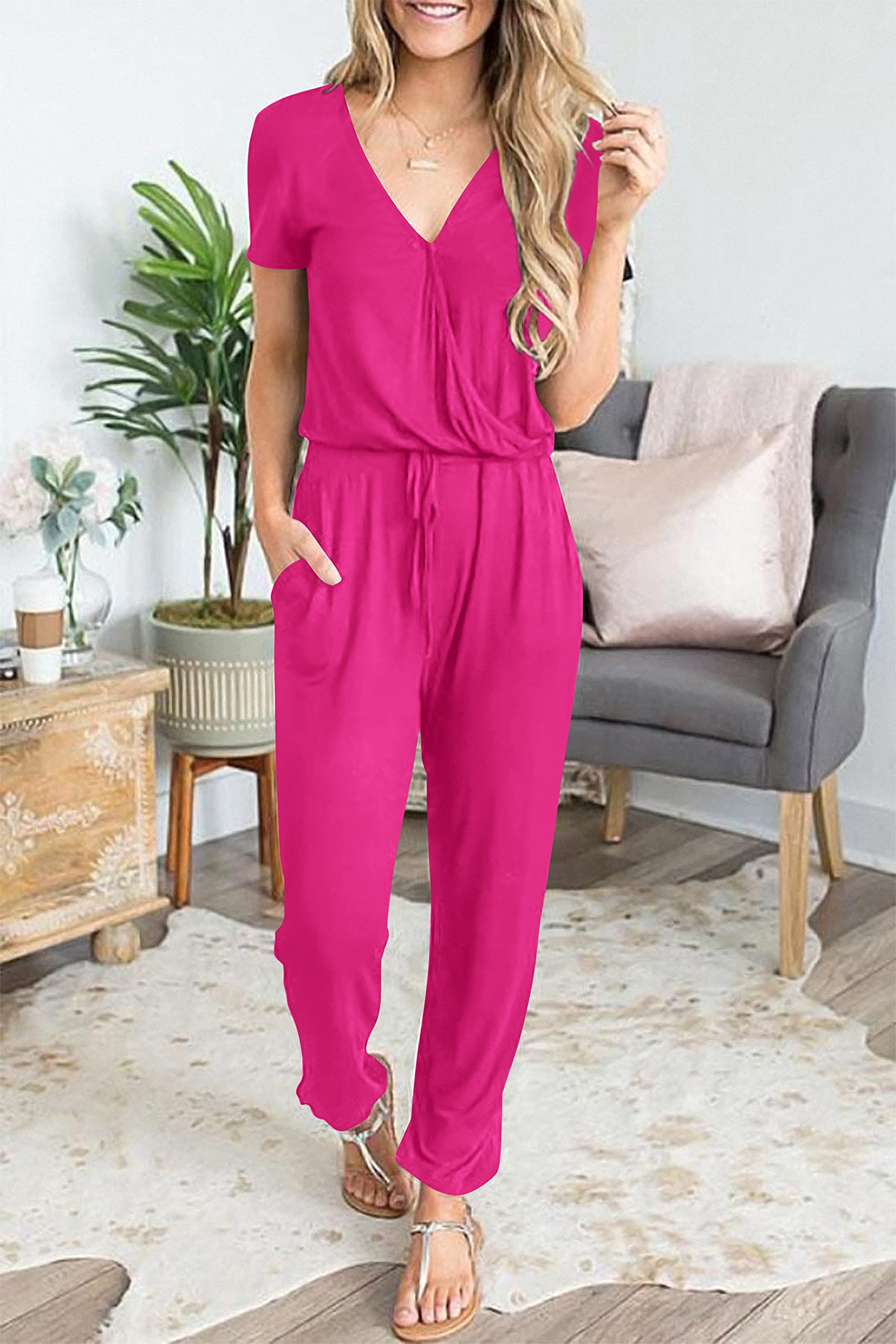 Casual Deep V-neck Short-sleeved Wrap Drawstring Jumpsuit