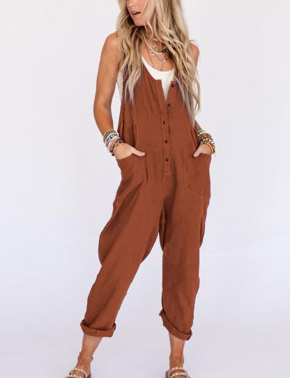 🔥HOT SALE🔥Women Cotton Linen Overall Adjustable Straps Button Jumpsuit-hivebabe.com