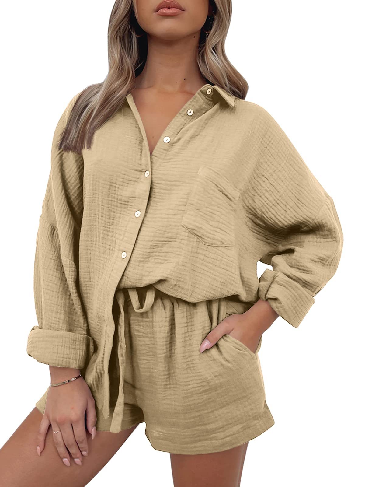 Women Lounge Sets Long Sleeve Oversized Shirts And Shorts Tracksuit