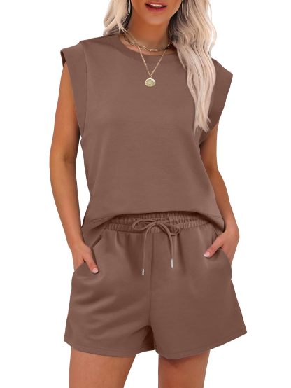 2025 New Women's Cap Sleeve Crewneck Tops and Drawstring Short Outfits Two Piece Sets(buy 2 free shipping)