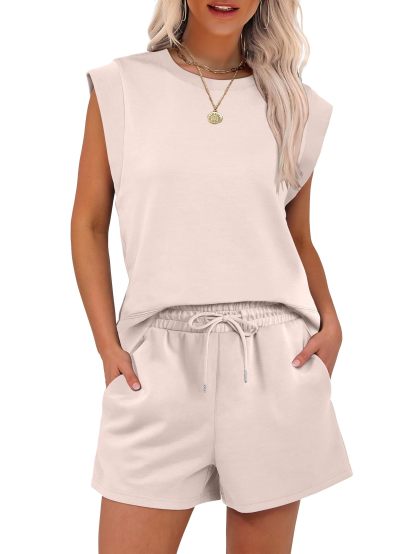2025 New Women's Cap Sleeve Crewneck Tops and Drawstring Short Outfits Two Piece Sets(buy 2 free shipping)